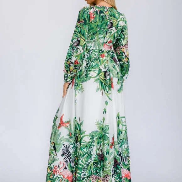 LONG SLEEVE V-NECK FRONT SLIT FLORAL PRINT MAXI DRESS - Picture 3 of 6